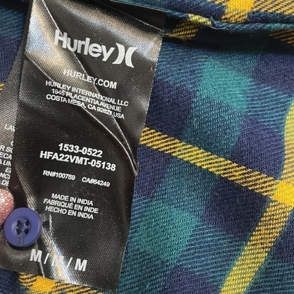 Hurley Men's Intern Plaid Flannel Button Down Shirt. Blue green yellow Shacket M - Picture 5 of 10